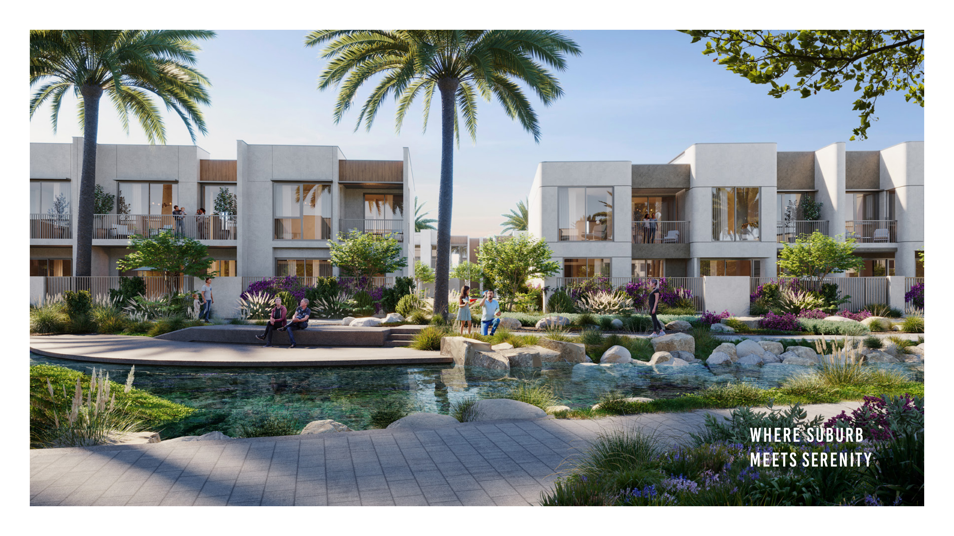 Family homes beside landscaped spaces at The Valley
