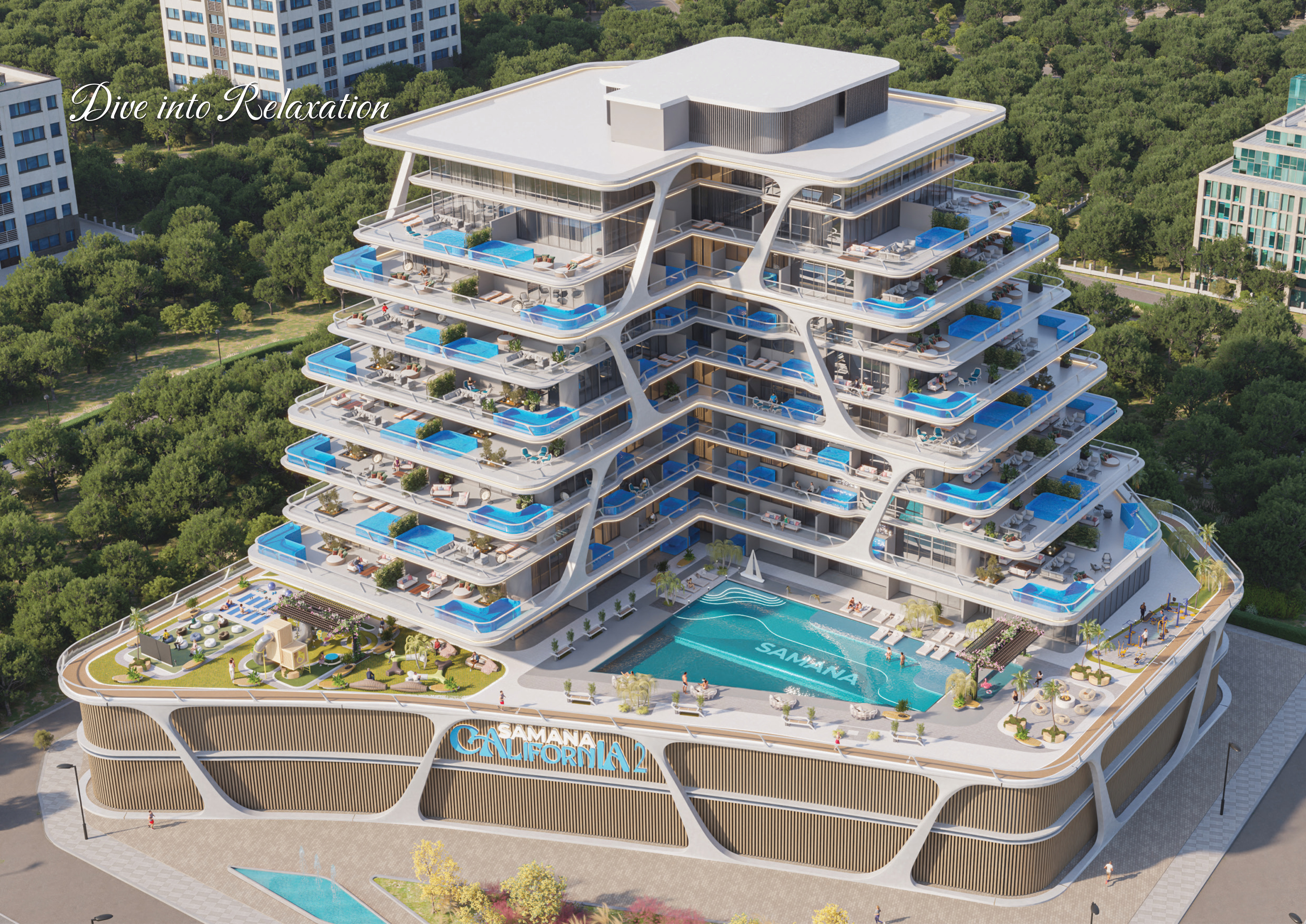 Aerial view of terraces and pools at Samana California 2
