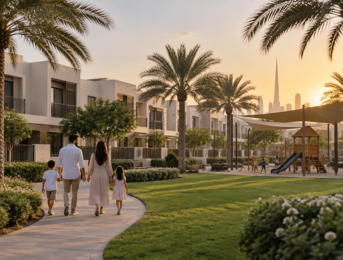 A family walking through a townhouse community in Dubai